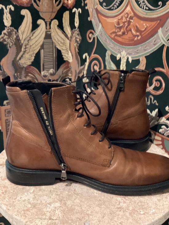GEOX MEN’S LEATHER LACE-UP BOOT/ZIP SIDE ENTRY - BROWN - SIZE 42EU